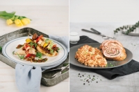Špízy s halloumi, zeleninou a bruschettou a Bravčové závitky s hlivou a bulgurom